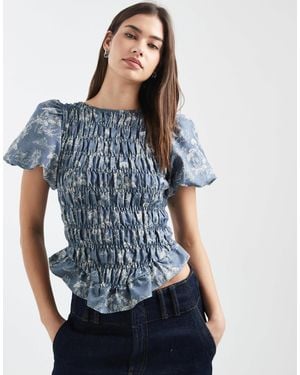 Daisy Street Puff Sleeve Shirred Top - Blue