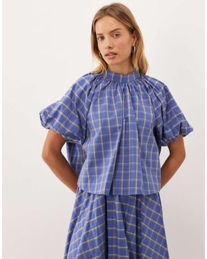 Sister Jane Lumina Cotton High Neck Puff Sleeve Top - Blue