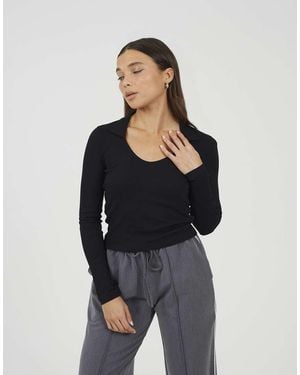 Brave Soul Ribbed V-Neck Collared Top - Blue