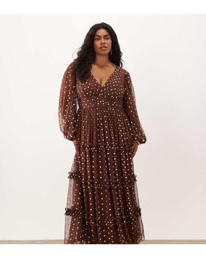 Lace & Beads Plus Tulle Sheer Balloon Sleeve Plunge Neck Tiered Maxi Dress - Brown