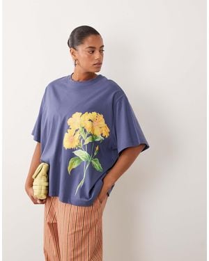 ASOS Asos Design Curve Oversized T-shirt With Yellow Flower Graphic - Blue