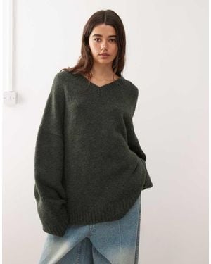 Weekday Wool Blend Super Oversized V Neck Jumper - Green