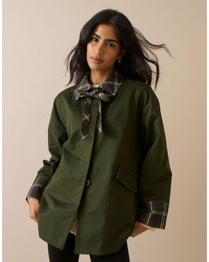 Nobody's Child Cotton Short Trench With Contrast Tartan Trim - Green