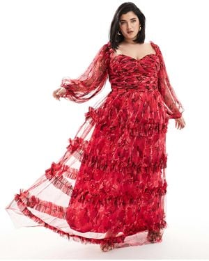 Lace & Beads Plus Long Sleeve Tulle Ruffle Maxi Dress - Red