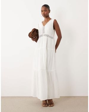 Y.A.S Crinkle Cotton Sleeveless Crochet Insert Maxi Dress - Natural