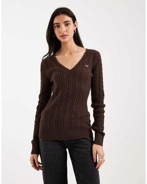 Hollister Logo V Neck Cable Knit Jumper - Brown