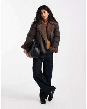 Vero Moda Mixed Textile Short Puffer Jacket With Borg Trim - Black
