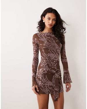 Motel Salira Long Sleeve Tie Waist Mini Dress - Brown