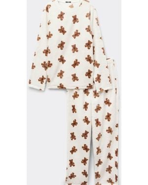 Tezenis Long Fleece Pyjamas With Bear Print - White