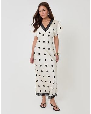 Threadbare Polka Dot Satin Lace Trim Tea Dress - White