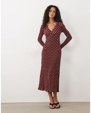 Mango Plisse V Neck Long Sleeve Midi Dress - Red