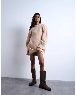TOPSHOP Knitted Wool Crew Neck Mini Dress - White
