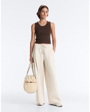Oysho Wide-leg Piqué Pleat Trousers With Cotton - Natural
