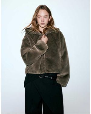 Pull&Bear Faux Fur Jacket With Hood - Green