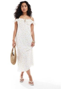 New Look Frill Floral Mesh Midi Dress - White