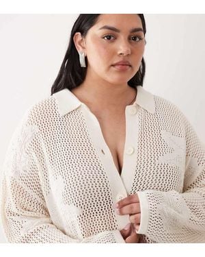 Pretty Lavish Curve Open Knit Floral Oversized Shirt Co-ord - Natural