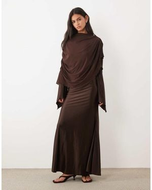 JW PEI Exclusive Mesh High Neck Shawl Detail Maxi Dress - Brown