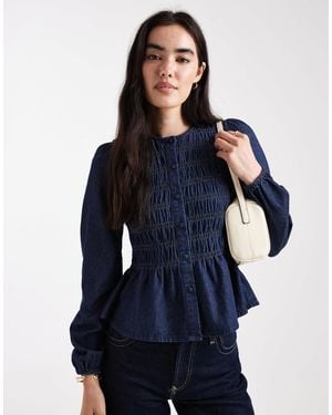 Threadbare Button Down Denim Puff Sleeve Blouse With Shirring - Blue