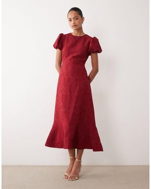 Sister Jane Exclusive Jacquard Puff Sleeve Structured Hem Midi Dress