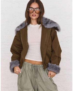 Aria Cove Bomber Jacket With Contrast Faux Fur Collar And Cuff Detail - Brown