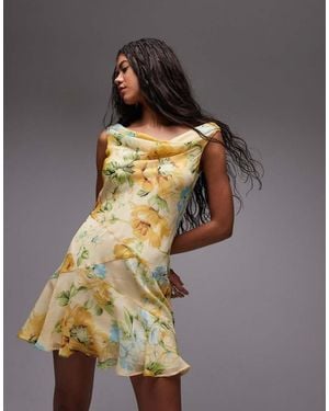 TOPSHOP Vestido De Tarde Corto Color Limón Con Estampado Floral, Bajo De Corte Amplio Y Cuello Desbocado De - Metálico