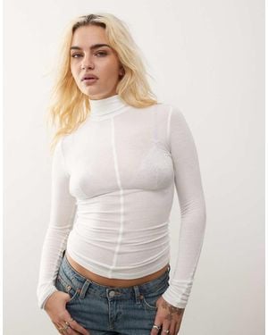 Weekday Diba Semi Sheer Long Sleeve High Neck Top With Seam Detail - White
