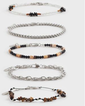 ASOS 5 Pack Semi-Precious Tigers Eye And Obsidian Chippings And Seedbead Bracelet - White