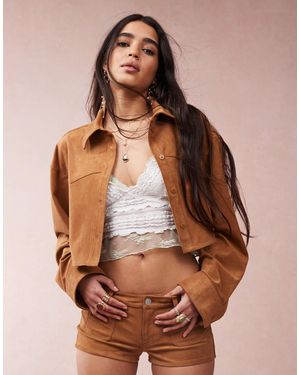 Monki Co-ord Faux Suede Cropped Shirt With Western Detail - Brown