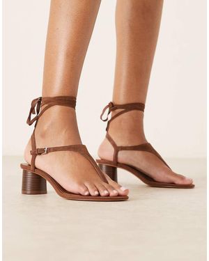 Mango Sandalias Marrones Con Tacón De Bloque Y Cierre Con Lazada De Cuero De - Neutro