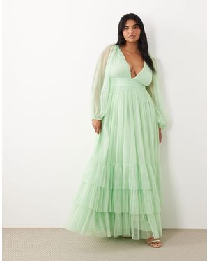 Lace & Beads Plus Bridesmaid Madison Smocked Plunge Neck Sheer Sleeve Maxi Dress - Green
