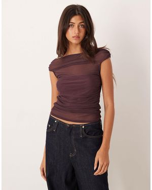 ASOS – kurzärmliges, schulterfreies oberteil aus gerafftem netzstoff - Lila