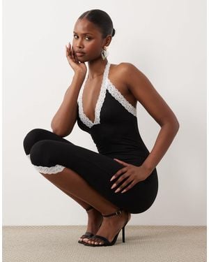 Oh Polly Modal Halter Neck Lace Trim Capri Jumpsuit - Black