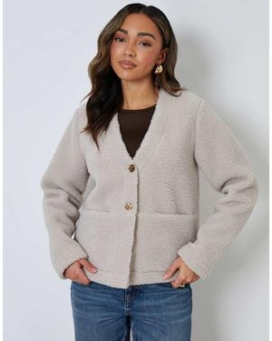 Threadbare Button Up Borg Jacket - Grey