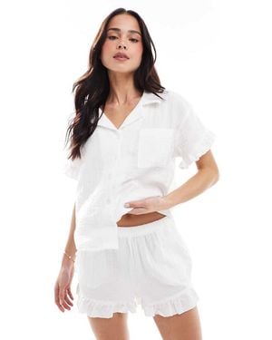New Look Double Cloth Frill Trim Pyjama Set - White