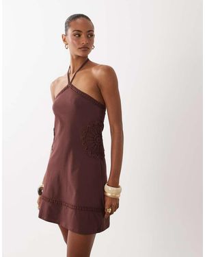 ASOS Fit And Flare Crochet Patch Halter Mini Dress Chocolate - Brown