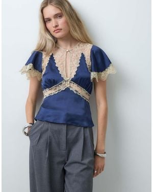 Reclaimed Vintage Satin Tea Top With Contrast Lace Trim - Blue