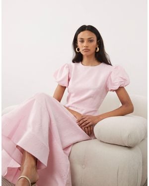Sister Jane Jacquard Puff Sleeve Structured Hem Midi Dress - Pink