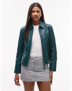 Urbancode Distressed Leather Harrington Jacket - Blue