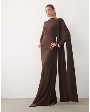 DASKA One Shoulder Cape Maxi Dress - Brown