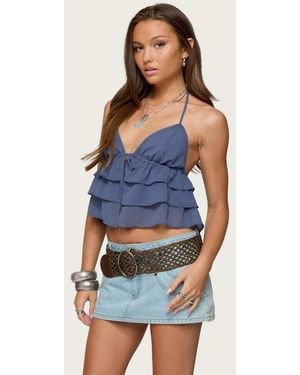 Edikted Zephi Split Front Ruffled Top - Blue