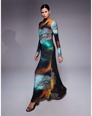 DASKA High Neck Twist Drape Detail Maxi Dress - Blue