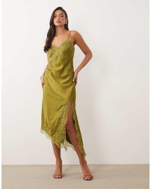 Nobody's Child Zaria Satin Lace Trim Split Front Cami Midaxi Dress - Green