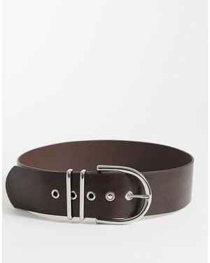 Mango 100% Leather Belt With Silver Buckle - Brown