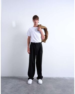 TOPMAN Wide Leg Belted Twill Smart Trousers - White