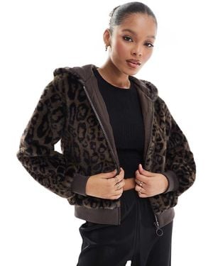Stradivarius Str Faux Fur Zip Up Hooded Bomber Jacket - Black