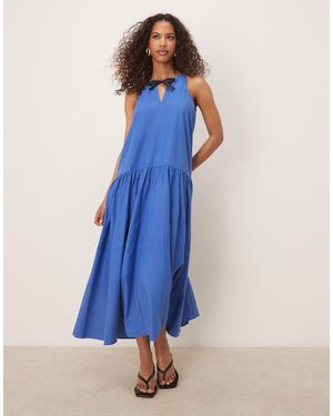 Ghospell Tiered Midi Dress With Contrast Bow - Blue