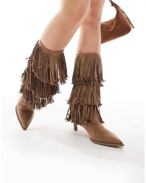 Bershka Fringe Detail Faux Suede Heeled Boots - Brown