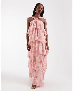 Vero Moda Felicia Halter Neck Tiered Maxi Dress With Corsage Detail - Pink