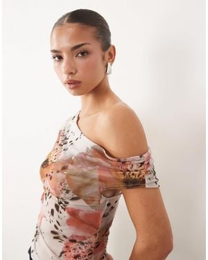 ASOS Sheer Mesh Ruched Off Shoulder Asymmetric Top - Multicolor