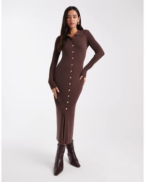 4th & Reckless Rib Knit Gold-tone Button Up Collared Maxi Dress - Brown